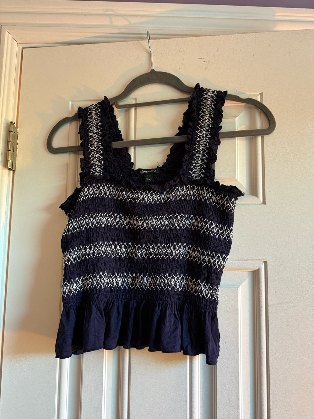 Versona Navy Blue Smocked Ruffle Strap Tank Top with White Stitching